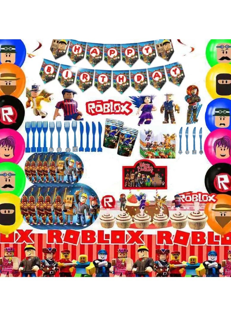 Party Supplies Decorations For Sandbox Game Theme Roblox with Tableware for 10 People, Cupcake Toppers,Happy Birthday Banner,Balloons  - Image 1