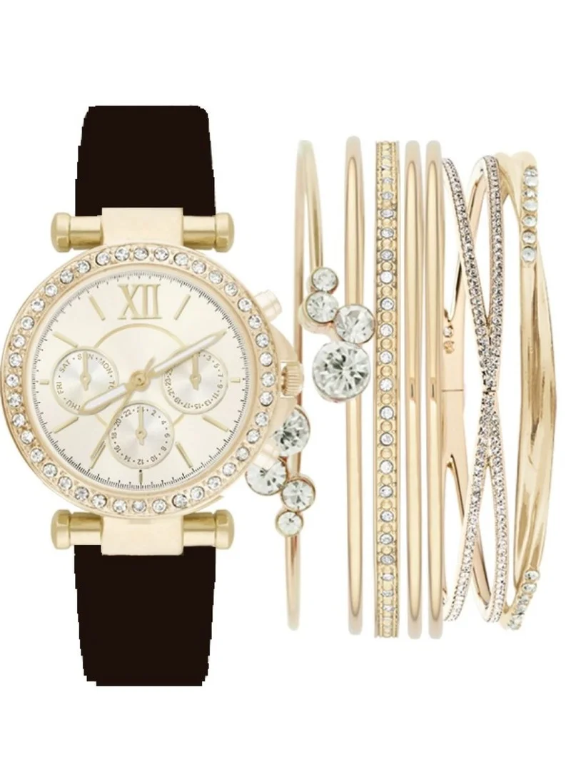 ADRIENNE VITTADINI Adrienne Vittadini Ladies Stackable Analog Watch Gold Case with Crystals Gold Dial Black PU Leather Strap 1506G-42-E02