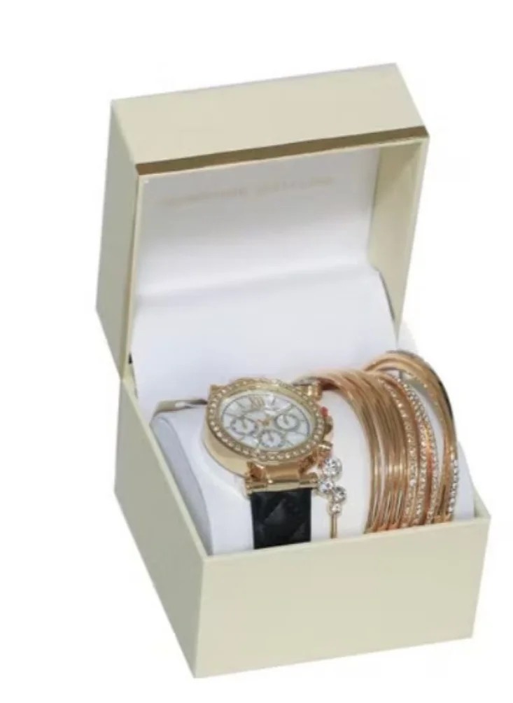ADRIENNE VITTADINI Adrienne Vittadini Ladies Stackable Analog Watch Gold Case with Crystals Gold Dial Black PU Leather Strap 1506G-42-E02