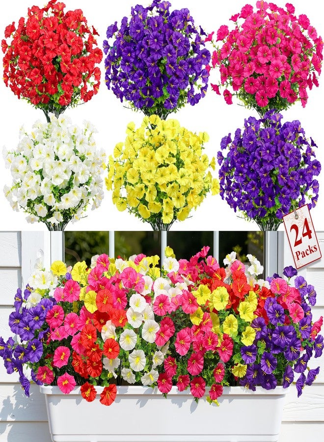 Alupssuc 24 Bundles Artificial Flowers for Outdoors, Faux Spring Flowers for Decoration, UV Resistant Silk Morning Glory with Eucalyptus Realistic Fake Flowers for Yard Planter Porch Garden, 5 Colors - Image 1