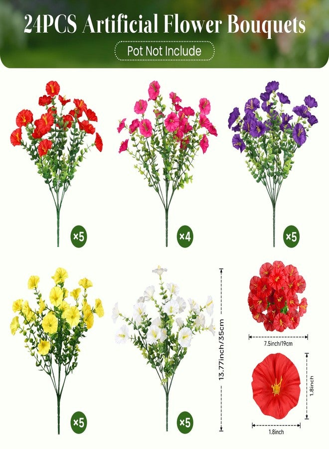 Alupssuc 24 Bundles Artificial Flowers for Outdoors, Faux Spring Flowers for Decoration, UV Resistant Silk Morning Glory with Eucalyptus Realistic Fake Flowers for Yard Planter Porch Garden, 5 Colors - Image 3