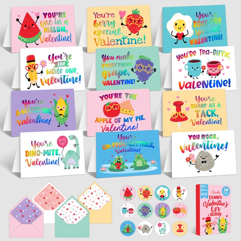 Decorably 24 Pack 6x4in Holographic Blank Valentines Day Cards with Envelopes and Stickers, 12 Funny Designs for Kids, Family, Friends & Loved Ones, Blank Inside - Hearts' Day, Gifting, Mailing - Image 1