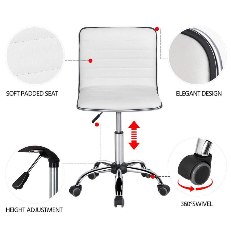 Yaheetech Adjustable Task Chair PU Leather Low Back Ribbed Armless Swivel White Desk Chair Office Chair Wheels - Image 4