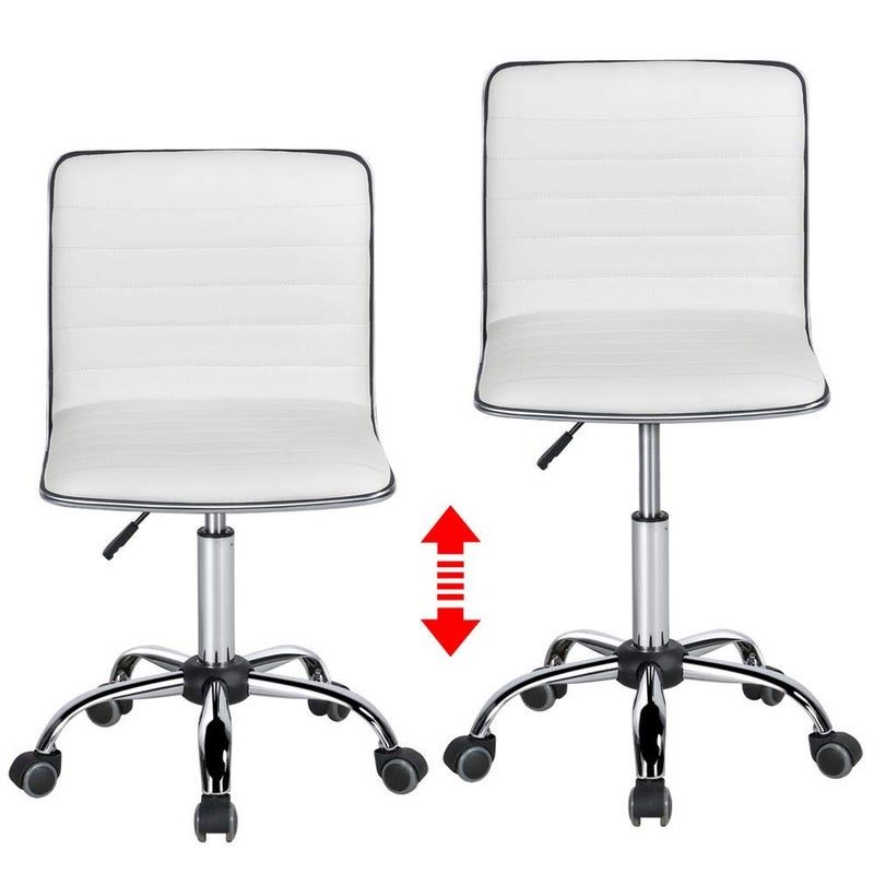 Yaheetech Adjustable Task Chair PU Leather Low Back Ribbed Armless Swivel White Desk Chair Office Chair Wheels - Image 5