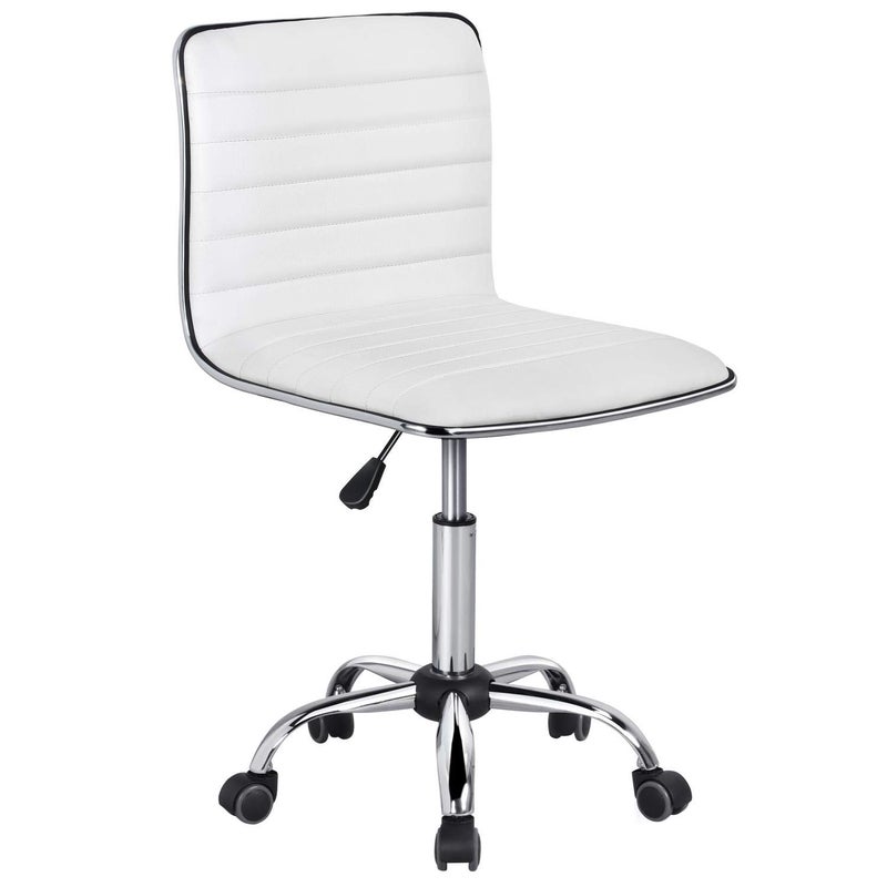 Yaheetech Adjustable Task Chair PU Leather Low Back Ribbed Armless Swivel White Desk Chair Office Chair Wheels - Image 1