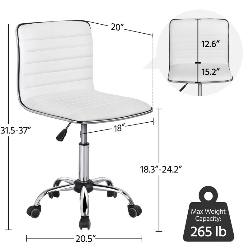 Yaheetech Adjustable Task Chair PU Leather Low Back Ribbed Armless Swivel White Desk Chair Office Chair Wheels - Image 3
