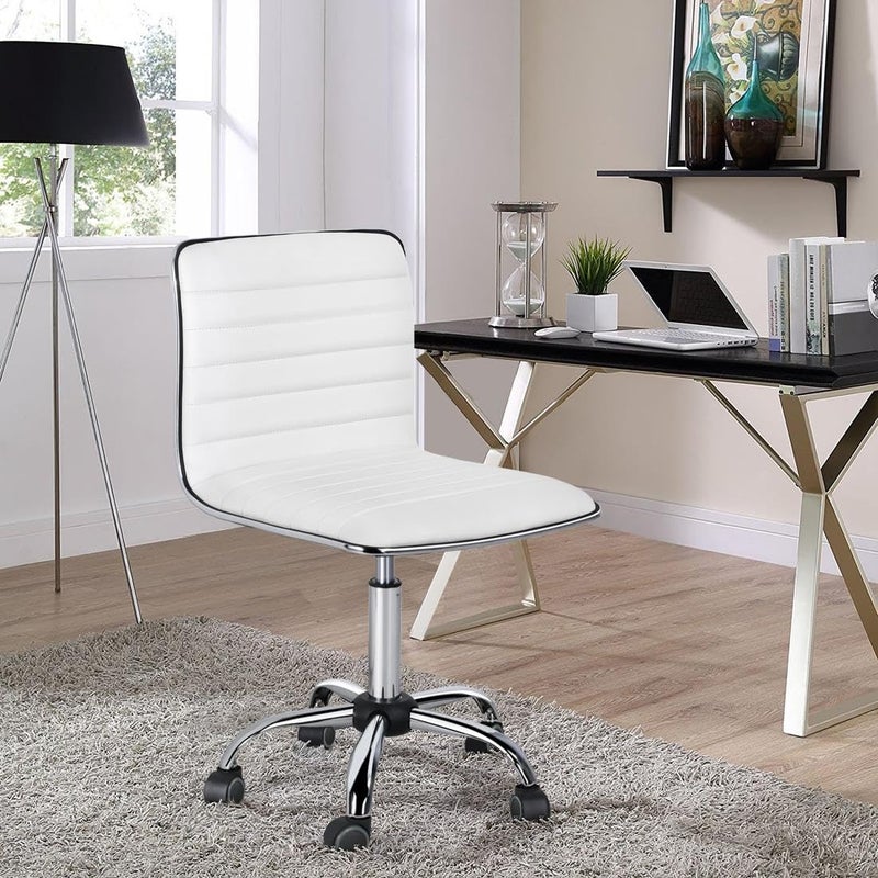 Yaheetech Adjustable Task Chair PU Leather Low Back Ribbed Armless Swivel White Desk Chair Office Chair Wheels - Image 2
