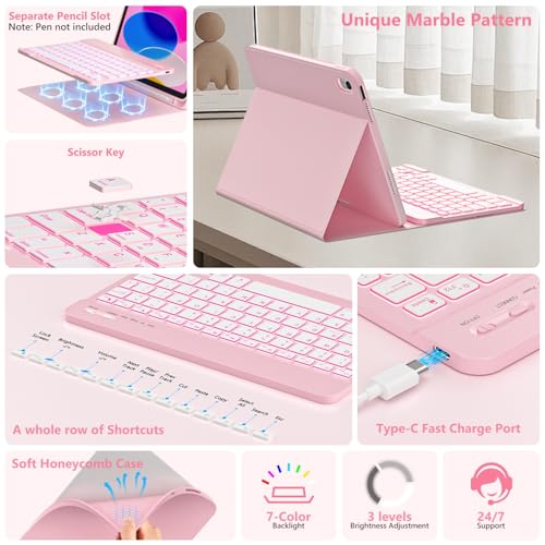 FUWANG for iPad A16 11th 10th Generation Case with Keyboard, Magnetic Detachable 7-Color Backlit Folio Cover Keyboard Case for iPad (A16) 11th 11 inch/10th Gen 10.9 inch with Pencil Holder, Light Pink - Image 4
