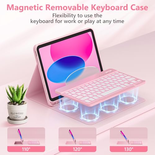 FUWANG for iPad A16 11th 10th Generation Case with Keyboard, Magnetic Detachable 7-Color Backlit Folio Cover Keyboard Case for iPad (A16) 11th 11 inch/10th Gen 10.9 inch with Pencil Holder, Light Pink - Image 3