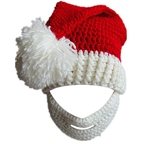 Kafeimali Unisex Christmas Winter Knitted Crochet Beanie Santa Hat with Beard Foldaway Bearded Caps (White) - Image 1