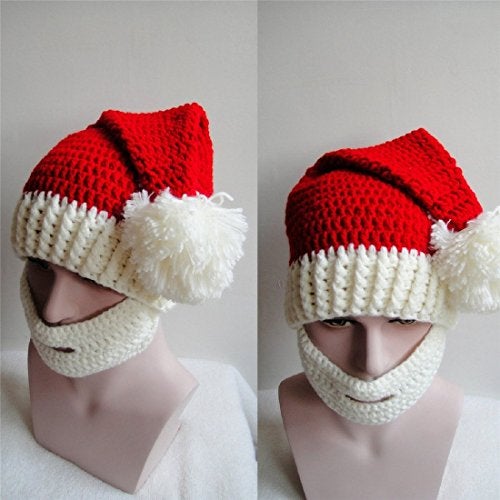 Kafeimali Unisex Christmas Winter Knitted Crochet Beanie Santa Hat with Beard Foldaway Bearded Caps (White) - Image 3