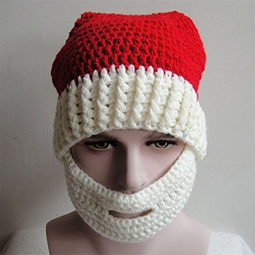 Kafeimali Unisex Christmas Winter Knitted Crochet Beanie Santa Hat with Beard Foldaway Bearded Caps (White) - Image 2