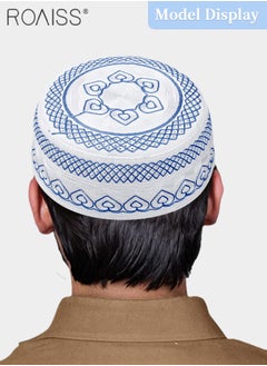 roaiss 3 Pcs Muslim Prayer Kufi Hat for Men Prayer Headwear Cap Islamic Beanie Cap Embroidery Foldable Sun Hat Ramadan Eid Gift 56-58cm Yellow and Blue and Gray  - Image 2
