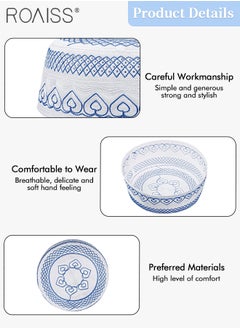 roaiss 3 Pcs Muslim Prayer Kufi Hat for Men Prayer Headwear Cap Islamic Beanie Cap Embroidery Foldable Sun Hat Ramadan Eid Gift 56-58cm Yellow and Blue and Gray  - Image 4
