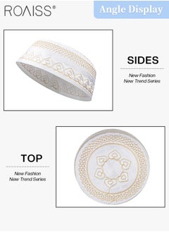 roaiss 3 Pcs Muslim Prayer Kufi Hat for Men Prayer Headwear Cap Islamic Beanie Cap Embroidery Foldable Sun Hat Ramadan Eid Gift 56-58cm Yellow and Blue and Gray  - Image 5