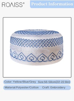 roaiss 3 Pcs Muslim Prayer Kufi Hat for Men Prayer Headwear Cap Islamic Beanie Cap Embroidery Foldable Sun Hat Ramadan Eid Gift 56-58cm Yellow and Blue and Gray  - Image 3