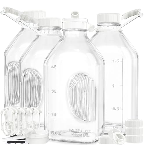 Syntic 4 Pack 2 Qt Glass Milk Bottles with Handle and Airtight Reusable Screw Lids, 1/2 Gal Glass Water & Juice Bottles with 2 Pour Spouts, 64 Oz Milk Jug Pitcher w Scale - Image 1
