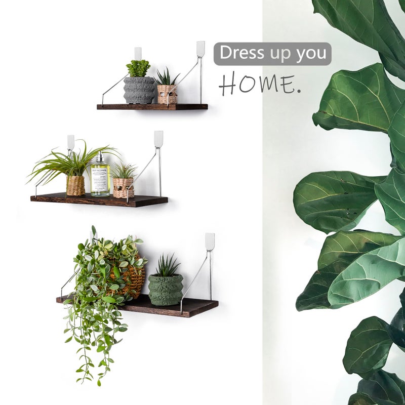 MITIME Floating Shelves Set of 3 Rustic Solid Wood Floating Shelf Wall Storage Shelves for Living Room, Bedroom, Bathroom, Kitchen Laundry, Office.no Drill Shelf.(Retro Color L+M+S) - Image 4