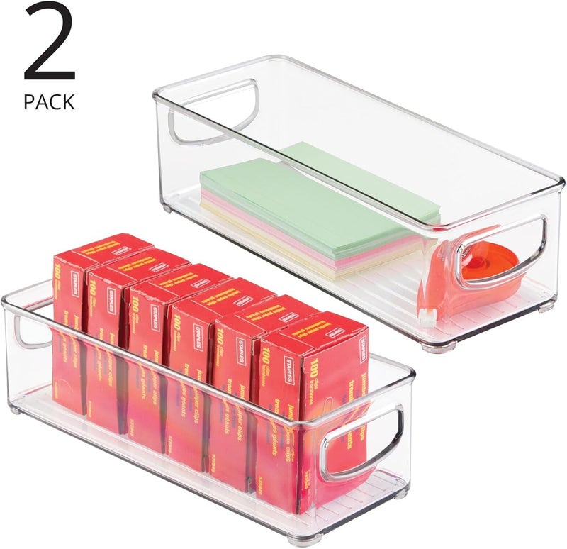 m-design Small Plastic Office Storage Container Bins with Handles for Organization in Filing Cabinet, Closet Shelf, or Desk Drawers, Organizer for Notes, Pens, Pencils, Ligne Collection, 2 Pack - Clear - Image 1