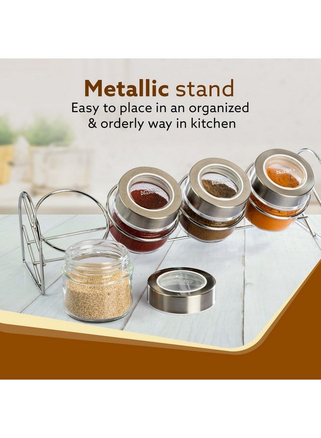 AGARO جرار توابل زجاجية أنيقة من AGARO مع حامل معدني، عبوة من 4، سعة 100 مل لكل واحدة، صندوق تخزين التوابل، منظم مطبخ، حاويات توابل، صندوق ماسالا للمطبخ، غطاء فولاذي مع بلاستيك شفاف، شفاف - Image 4