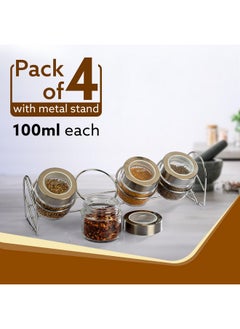 AGARO AGARO Elegant Glass Spice Jar with Metal Stand, Pack of 4, 100Ml Each, Spice storage box, kitchen organizer, spice containers, masala box for kitchen, Steel lid with transparent plastic, Transparent  - Image 2