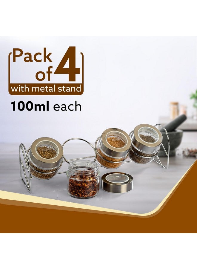 AGARO جرار توابل زجاجية أنيقة من AGARO مع حامل معدني، عبوة من 4، سعة 100 مل لكل واحدة، صندوق تخزين التوابل، منظم مطبخ، حاويات توابل، صندوق ماسالا للمطبخ، غطاء فولاذي مع بلاستيك شفاف، شفاف - Image 2