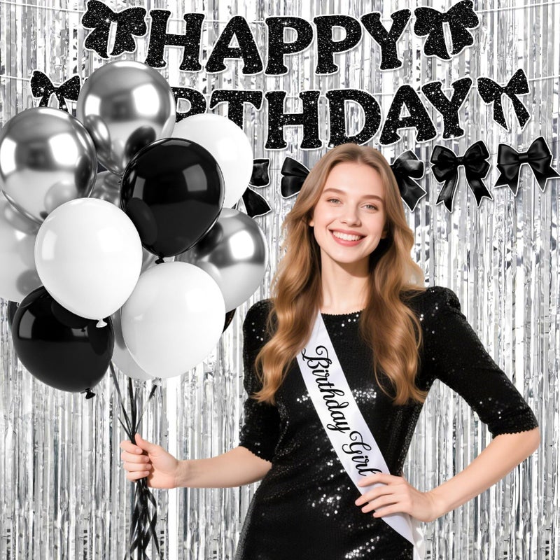 REDWORD Black Bow Birthday Decoration, 72PCs Black Birthday Decorations Including Sash Balloons Silver Fringe Curtains Happy Birthday Banner Bow Garland for Women Girls Theme Baby Shower Party Supplies - Image 4
