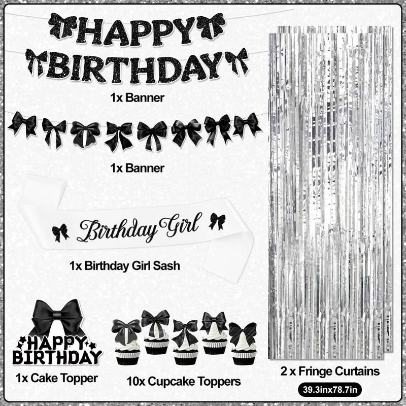 REDWORD Black Bow Birthday Decoration, 72PCs Black Birthday Decorations Including Sash Balloons Silver Fringe Curtains Happy Birthday Banner Bow Garland for Women Girls Theme Baby Shower Party Supplies - Image 2