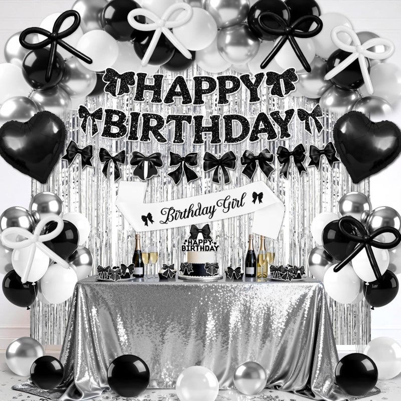 REDWORD Black Bow Birthday Decoration, 72PCs Black Birthday Decorations Including Sash Balloons Silver Fringe Curtains Happy Birthday Banner Bow Garland for Women Girls Theme Baby Shower Party Supplies - Image 1
