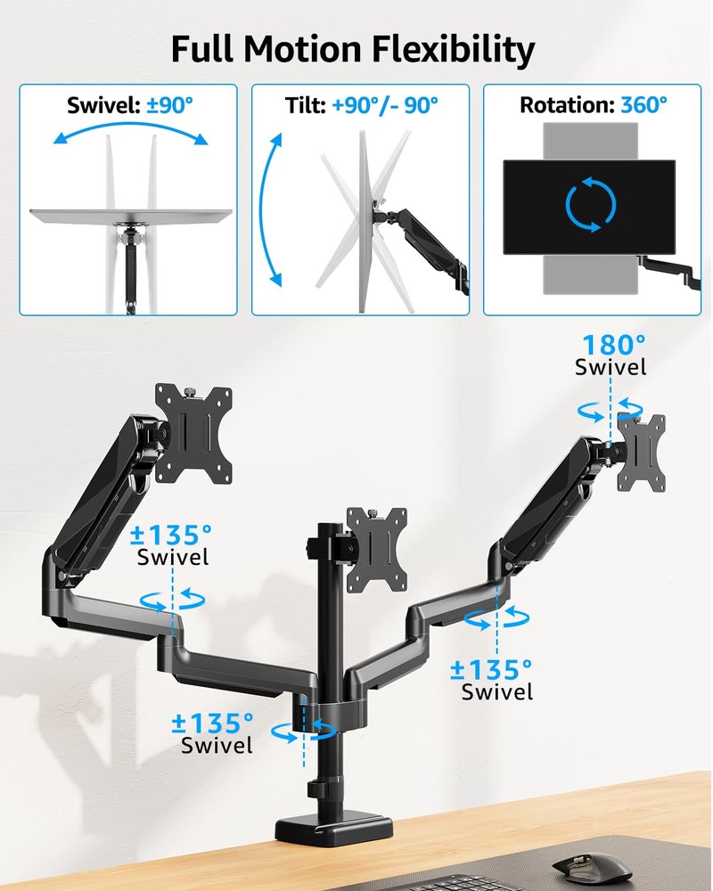 MOUNTUP Triple Monitor Mount, Triple Monitor Desk Mount for Max 27 inch Computer Screens, 3 Monitors Stand for Desk, Monitors Arm with Swivel, Tilt, Rotation, Each Arm Holds 4.4-19.8 lbs - Image 5