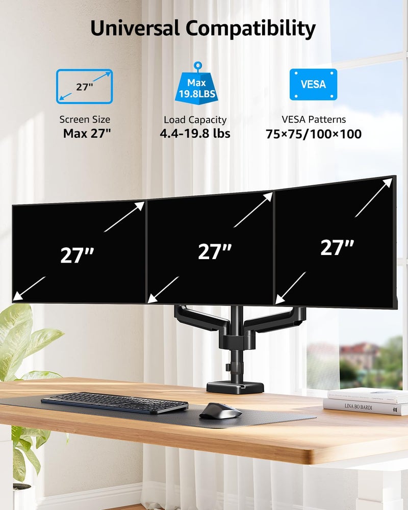 MOUNTUP Triple Monitor Mount, Triple Monitor Desk Mount for Max 27 inch Computer Screens, 3 Monitors Stand for Desk, Monitors Arm with Swivel, Tilt, Rotation, Each Arm Holds 4.4-19.8 lbs - Image 2
