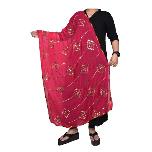 KEMZA Women's Embroidered Mirror Work Chiffon Dupatta (Pink) Rajasthani Banjara Dupatta with Kuchi Work For Festival, Wedding, Party - Image 2