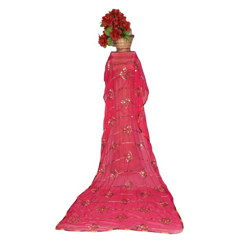 KEMZA Women's Embroidered Mirror Work Chiffon Dupatta (Pink) Rajasthani Banjara Dupatta with Kuchi Work For Festival, Wedding, Party - Image 3