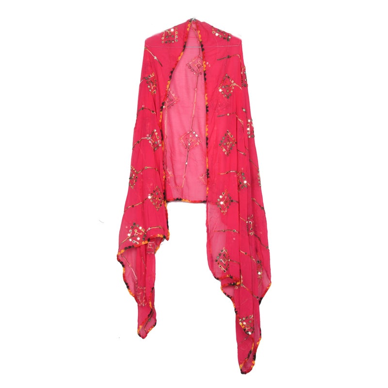 KEMZA Women's Embroidered Mirror Work Chiffon Dupatta (Pink) Rajasthani Banjara Dupatta with Kuchi Work For Festival, Wedding, Party - Image 4