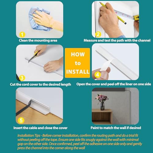 ZhiYo 136in Corner Cable Concealer, Corner Cord Hider for One Cord, Wire Covers for Cords, Paintable Corner Cord Cover, Cable Management Channel Cable Raceway for Wall, Floor Baseboard, Ceiling -Beige - Image 5