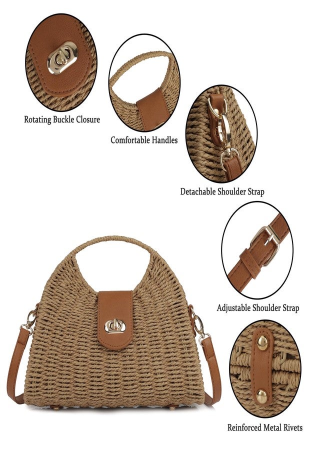 Youjaree Women Straw Beach Bag Handmade Woven Crossbody Shoulder Bags Top Handle Satchel Handbag Purse for Summer (Brown) - Image 4