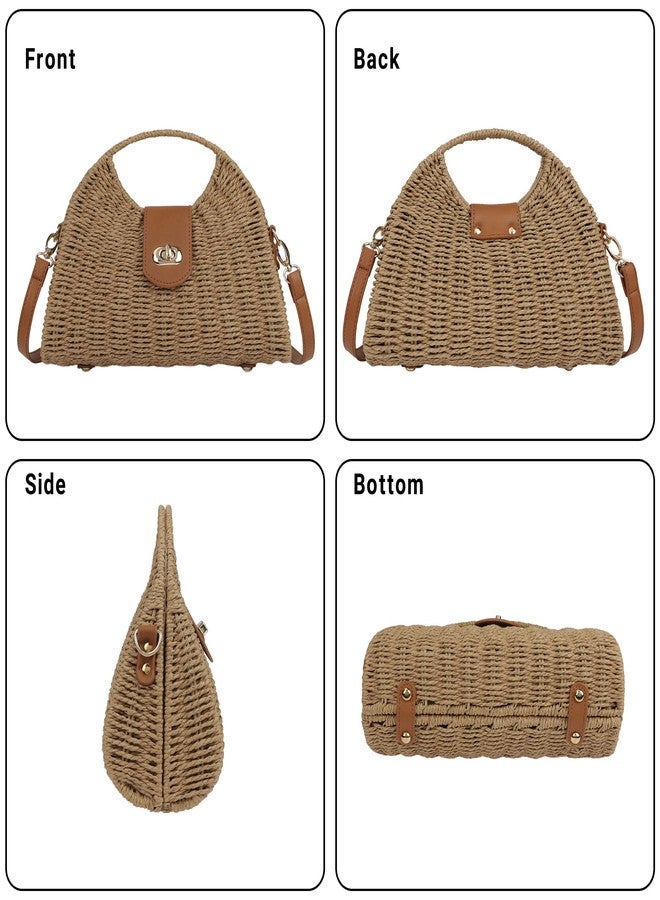 Youjaree Women Straw Beach Bag Handmade Woven Crossbody Shoulder Bags Top Handle Satchel Handbag Purse for Summer (Brown) - Image 3