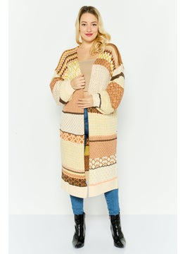 Black Tape Women Split Neck Knitted Cardigans, Beige  - Image 1