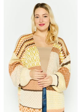 Black Tape Women Split Neck Knitted Cardigans, Beige  - Image 3