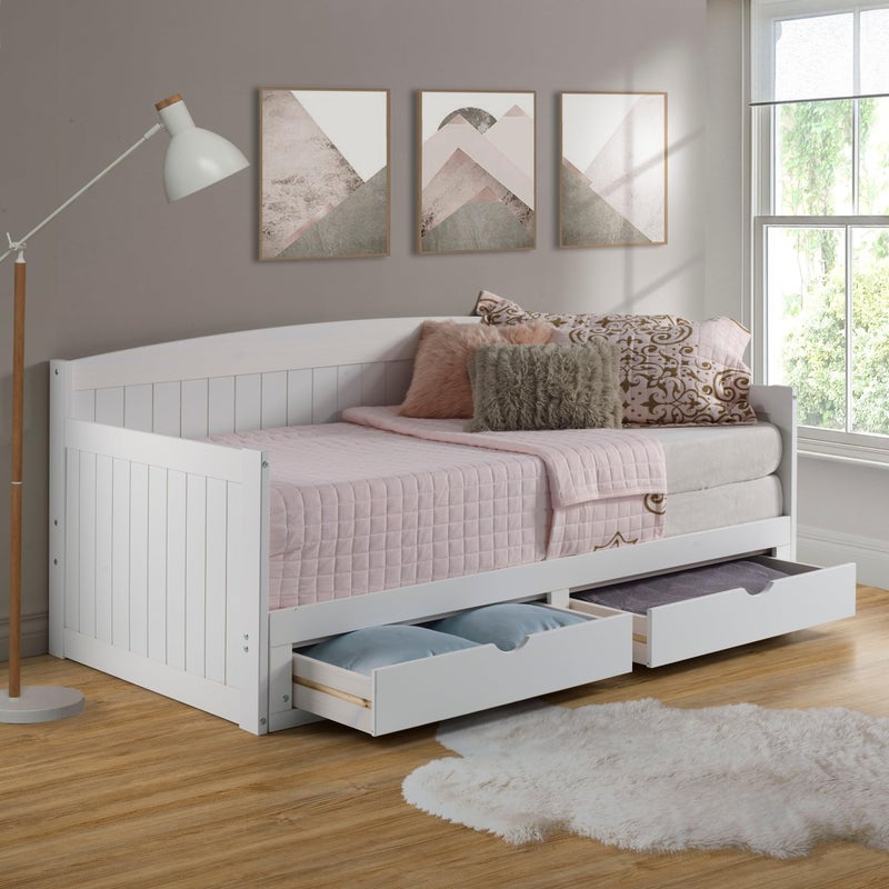 Alaterre Furniture Alaterre Furniture Harmony Wood Daybed Single White Brazilian Pine Trundle Bed for Sleepovers with Kids 2 PullOut Drawers 440 lbs Weight Capacity TwinSize Bed Modern Sturdy Durable 