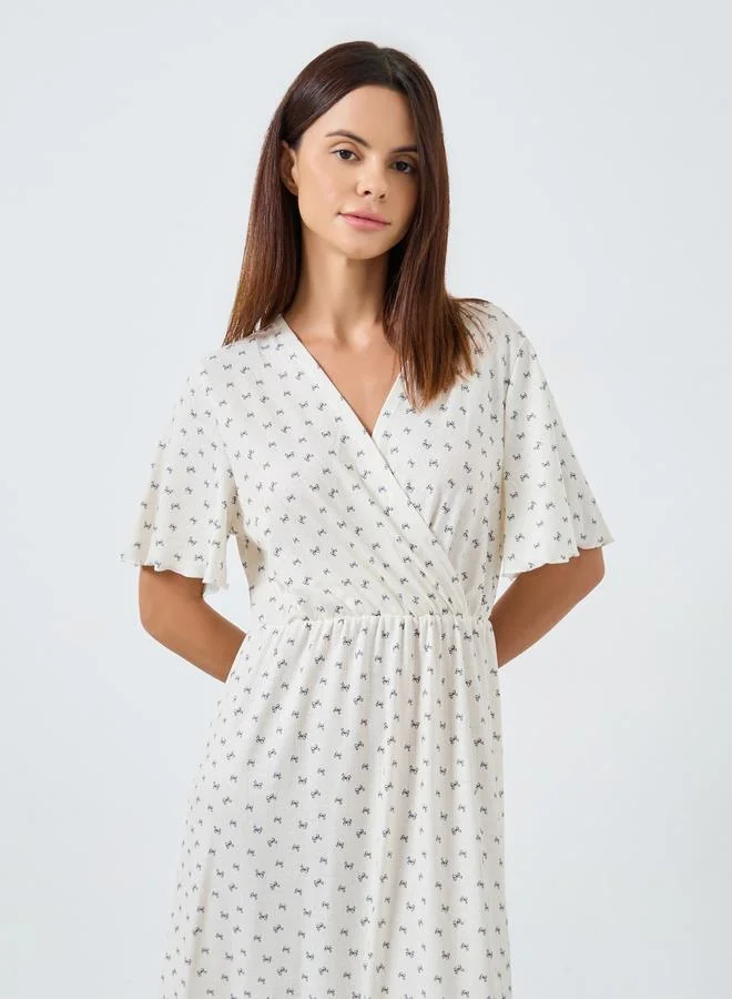 Styli Styli Bow Print Pointelle Wrapover Nightdress