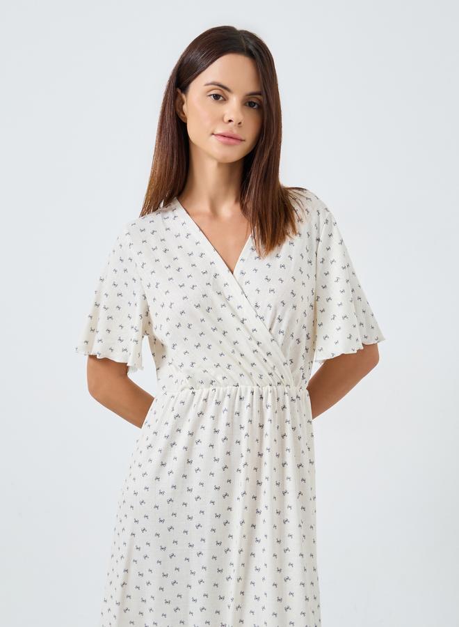 Styli Bow Print Pointelle Wrapover Nightdress - Image 2
