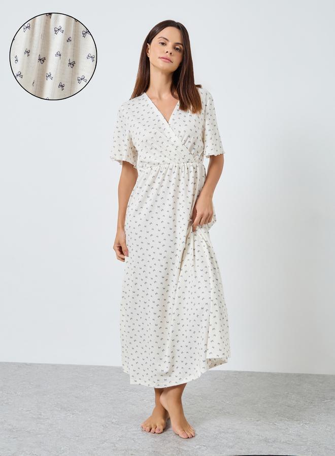 Styli Bow Print Pointelle Wrapover Nightdress - Image 1