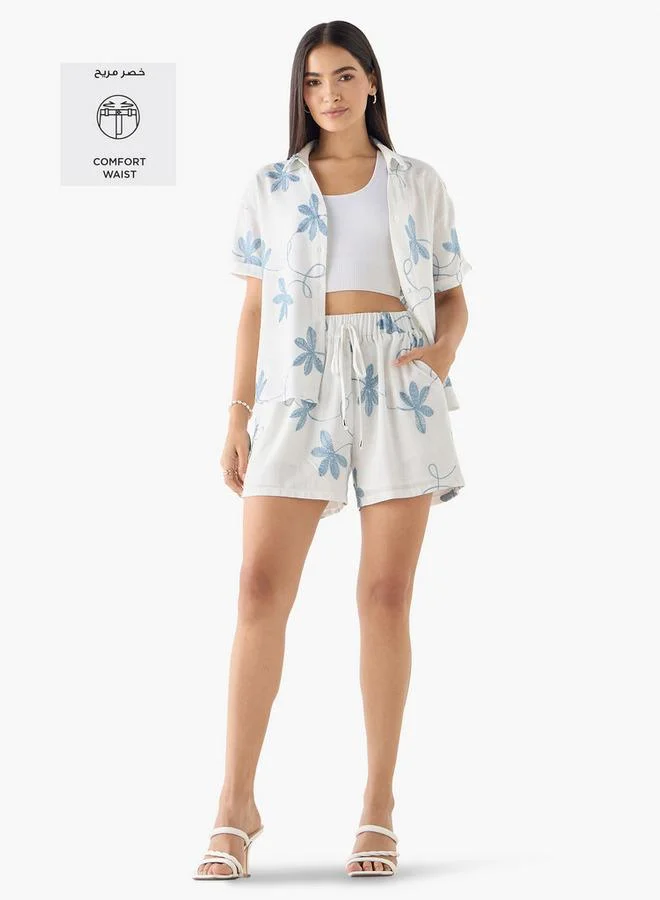 2Xtremz 2Xtremz Leaf Embroidered Leaf Shorts with Drawstring Closure and Pockets