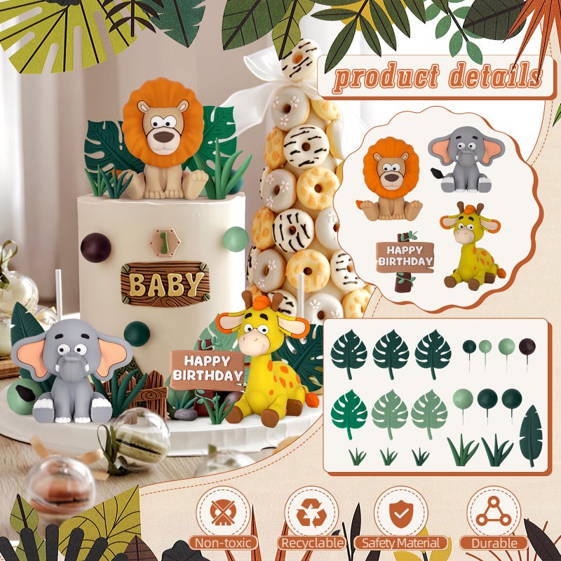 Zafena 23pcs Safari Animal Cake Topper, Jungle Wild Cake Toppers with Leaves Balls Cake Decorations for Safari Animals Themed Birthday Party Decorations (Jungle Wild Animal Style) - Image 3