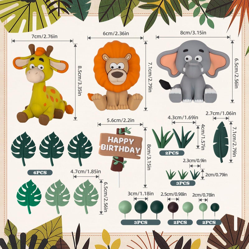 Zafena 23pcs Safari Animal Cake Topper, Jungle Wild Cake Toppers with Leaves Balls Cake Decorations for Safari Animals Themed Birthday Party Decorations (Jungle Wild Animal Style) - Image 2