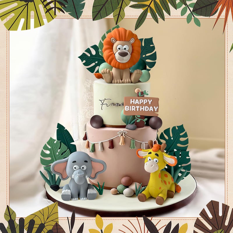 Zafena 23pcs Safari Animal Cake Topper, Jungle Wild Cake Toppers with Leaves Balls Cake Decorations for Safari Animals Themed Birthday Party Decorations (Jungle Wild Animal Style) - Image 4