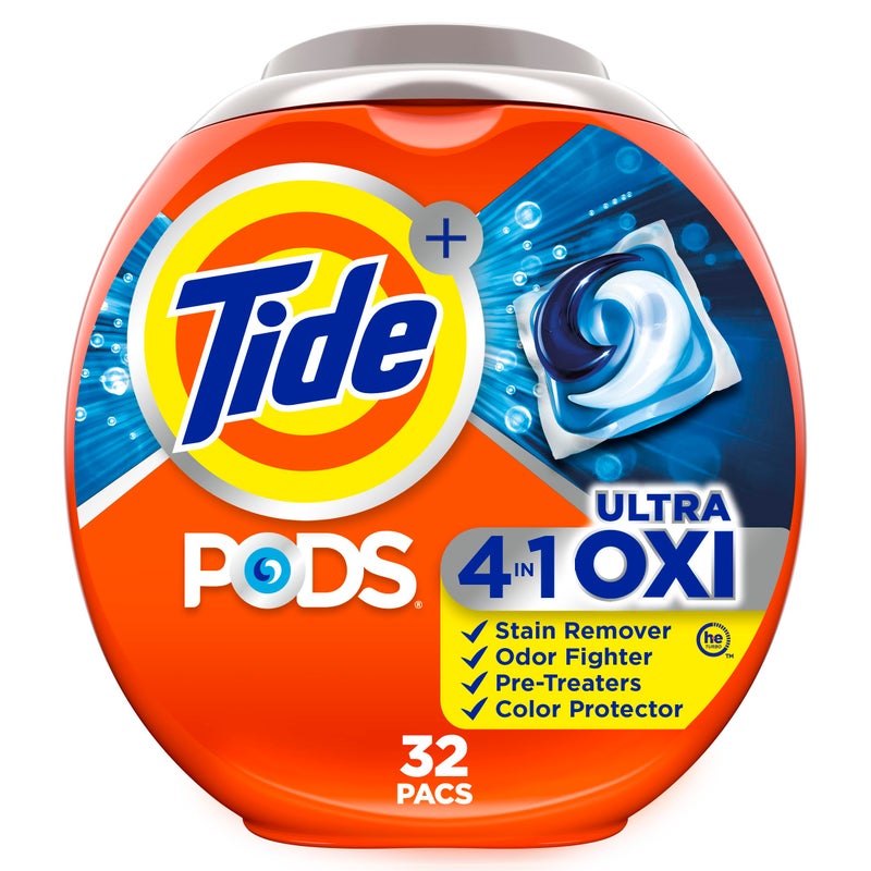 Tide 4-n-1 Ultra Oxi PODS Laundry Detergent Pacs, 32 Count, HE Compatible, Built in Pre-Treater for Stains - Image 1