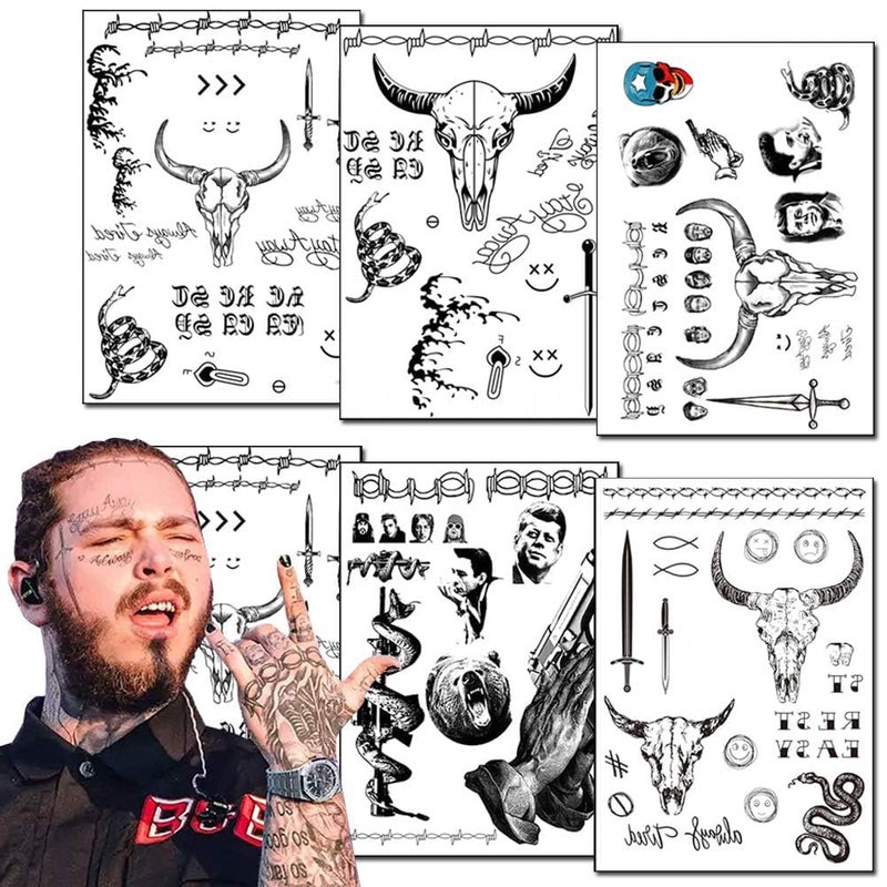 Jacknb 6 Sheets Temporary Tattoos Kit - Fake Body Art for Women, Men, & Kids - Face Tattoos for Festival, Cosplay & Halloween Costume Accessories - Image 1