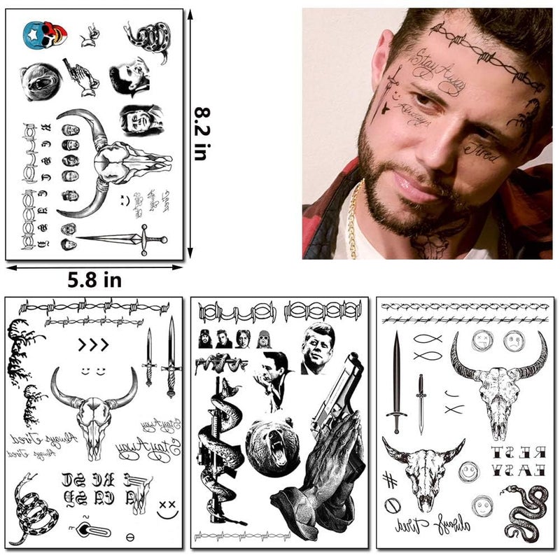 Jacknb 6 Sheets Temporary Tattoos Kit - Fake Body Art for Women, Men, & Kids - Face Tattoos for Festival, Cosplay & Halloween Costume Accessories - Image 4